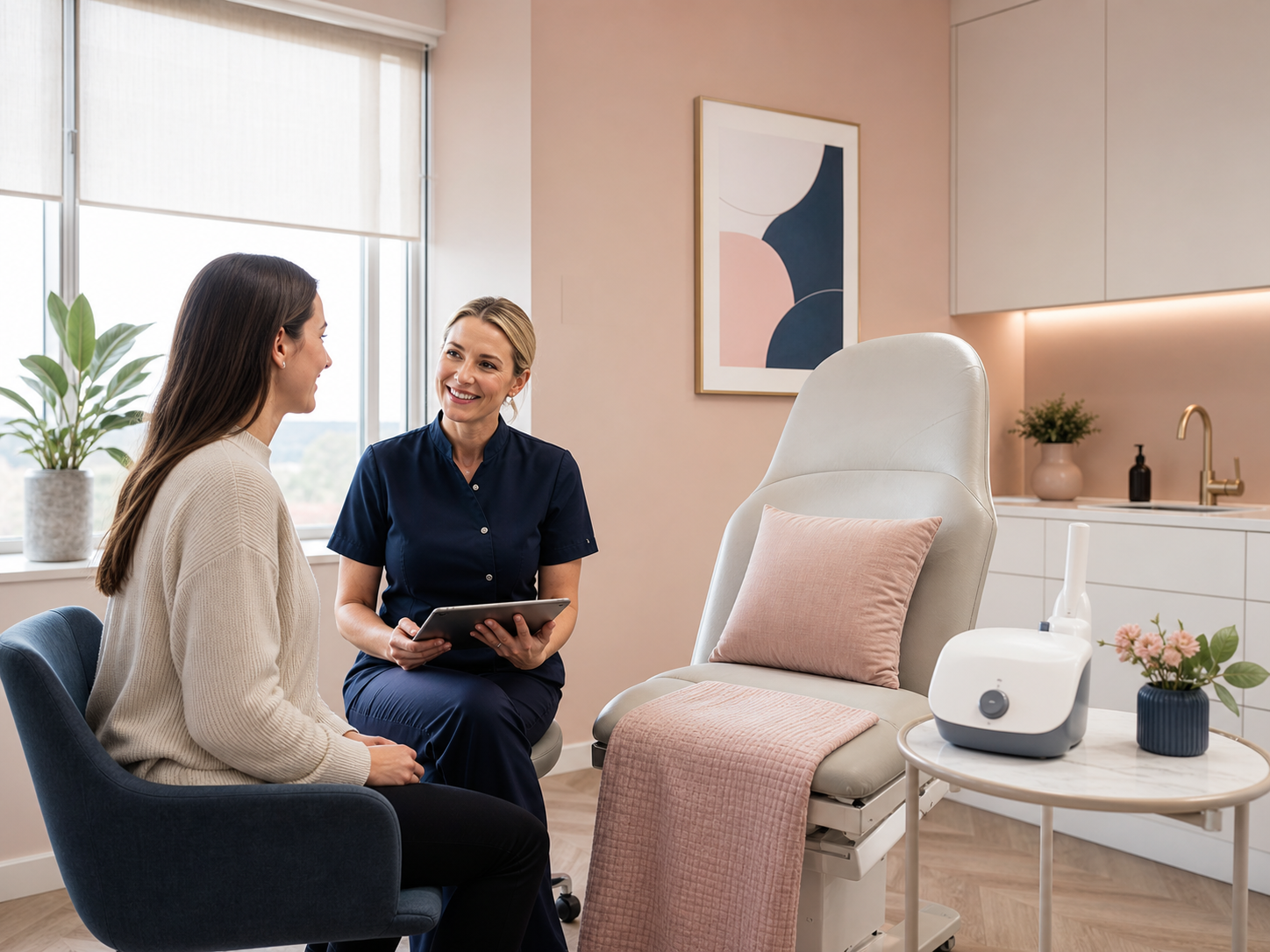 Clinician speaking with a patient in a private non-invasive screening room
