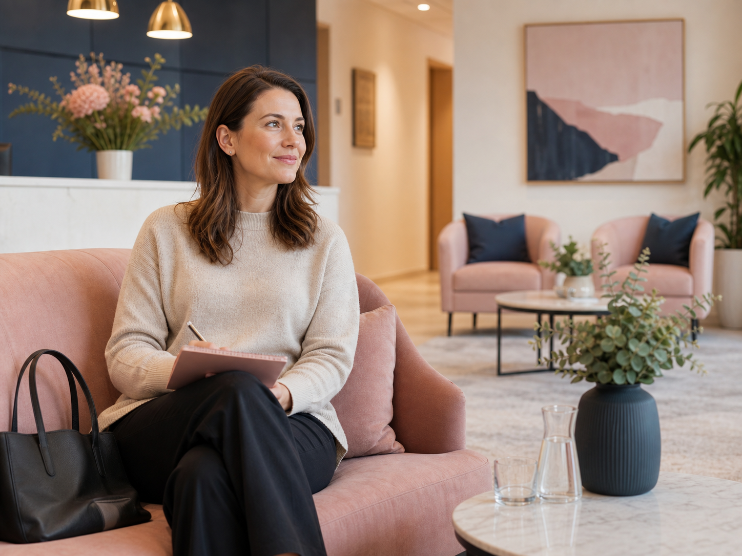 Woman sitting calmly in a private clinic waiting room with a symptom diary